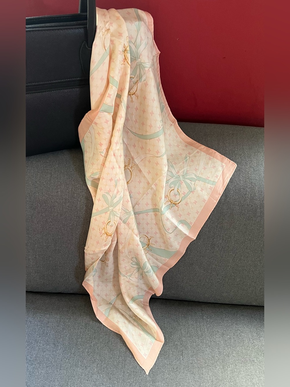 Vintage Pastel Silk Sq Scarf 24” Peach & Mint Feminine Elegant Retro Bandana